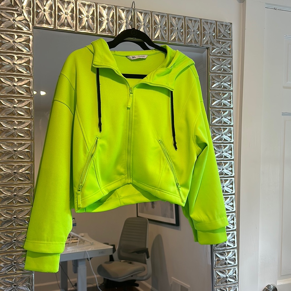 Zara Neon Green Zip Up Crop Sweatshirt